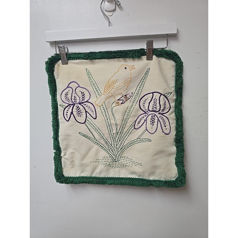Vtg Embroidered Bird Iris Flower Pillow Case Green Fringe Boho Shabby Chic 15"